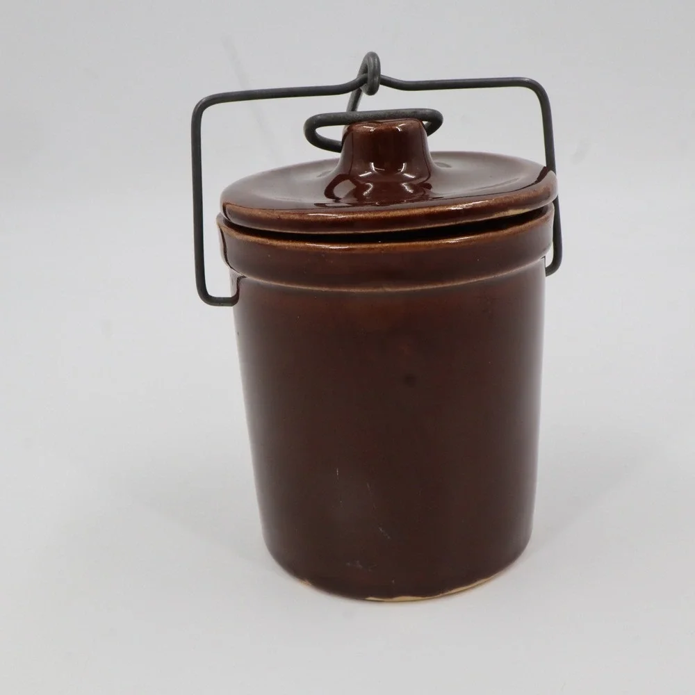 Stoneware Crock Jar Unisex 5in Brown‎ Glazed Wire Bale Lid Vintage
